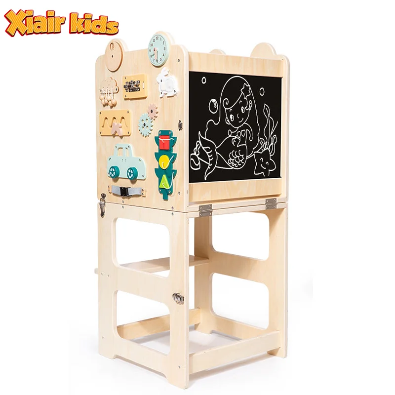 Xiair Wood Learning Tower With Busy Board Kitchen Helper Step Stool Folding Learning Tower Adjustable Baby Montessori Tower