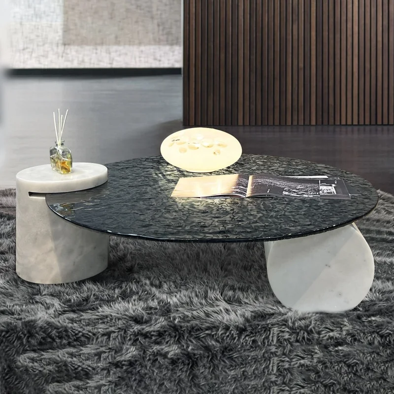 Water Ripple Luxury Modern Living Room Furniture Small center tableTempered Glass top Natural Marble Base  Round Coffee Table
