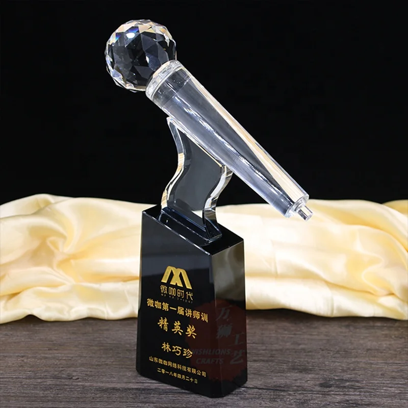 Hot Sale K9 Crystal Music Microphone Trophy Custom Made Transparent Microphone Award Trophy For Music Event Souvenir SPT-13F