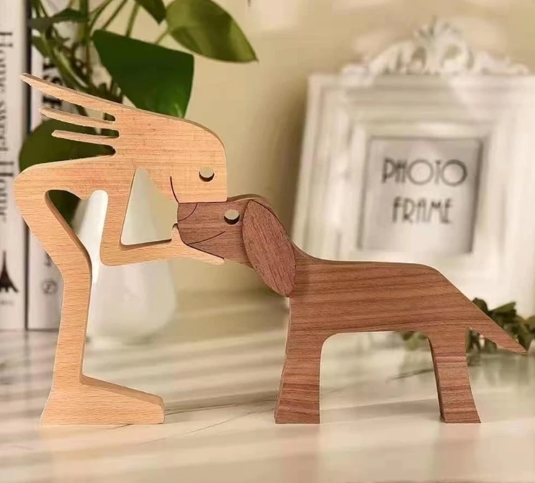 Handmade Wooden Dog Unique Gift for Dog Lover Wooden Woman and Dog Carving Statue