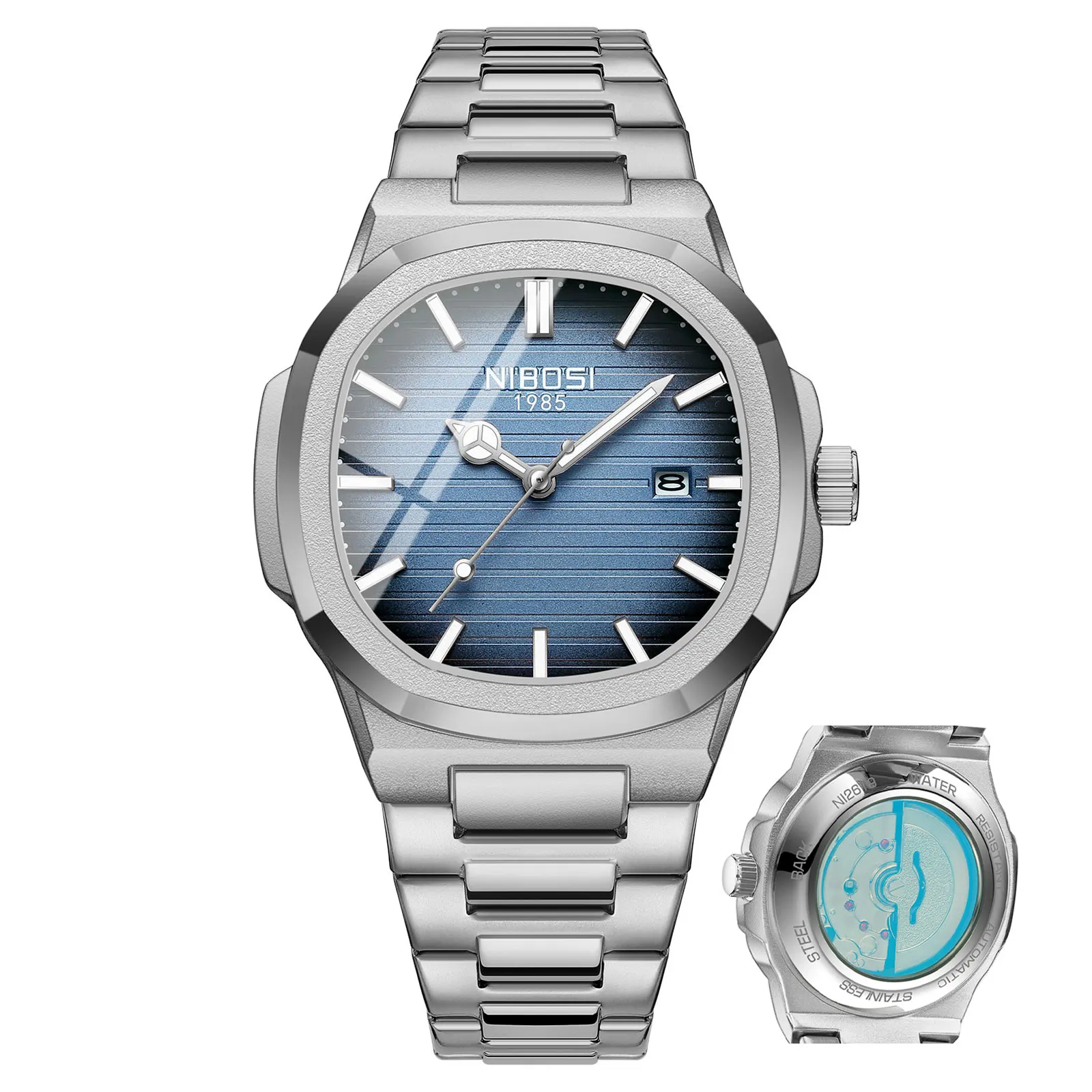 NIBOSI 2619 Imitated Mechanical Design Quartz Watches Stainless Steel Band Luminous Wristwatches for Male Clock Wholesale