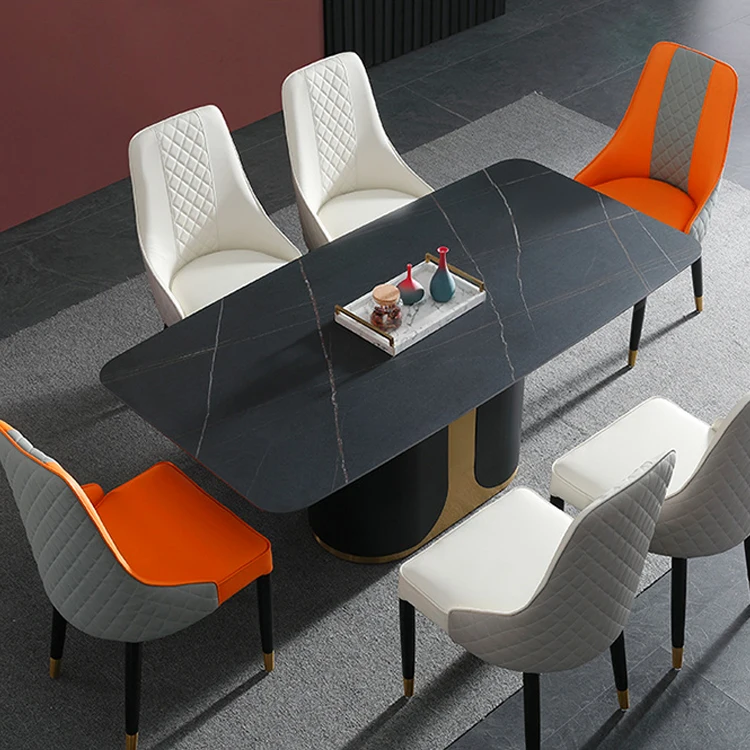 Foshan wholesale Nordic furniture black and gold metal low fee white stone marble top Turkish dining table and chairs