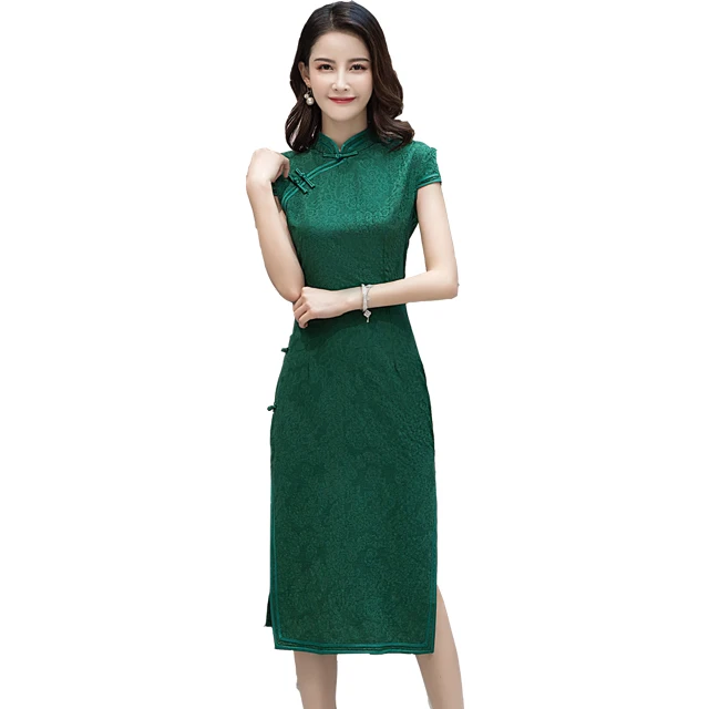 Платье-Ципао в китайском стиле, Элегантный Приталенный Сарафан до колен, с коротким рукавом, хлопковое вечернее, для женщин