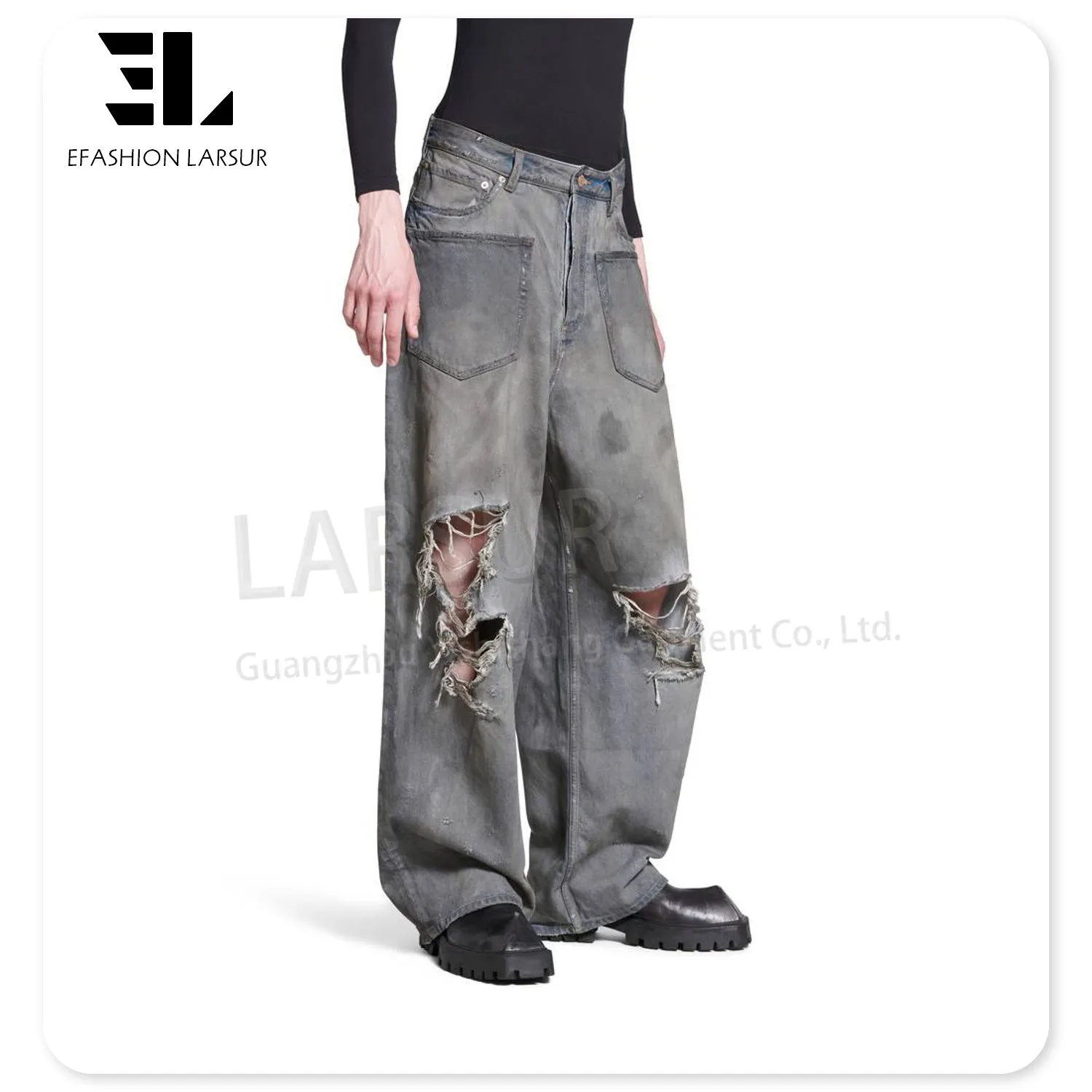 LARSUR Custom denim factory inside out distressed waxed coated denim jeans men dirty washed destroy baggy straight jeans men