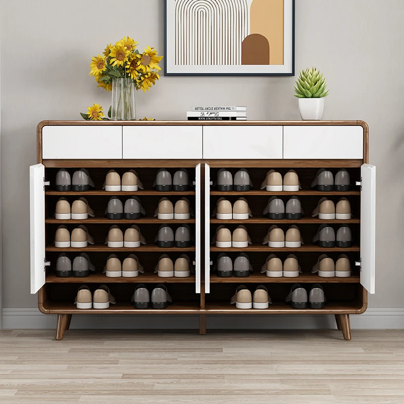 Modern light luxury shoe storage cabinet multifunctional solid wood shoe rack living room Wooden shoe rack with door cabinet