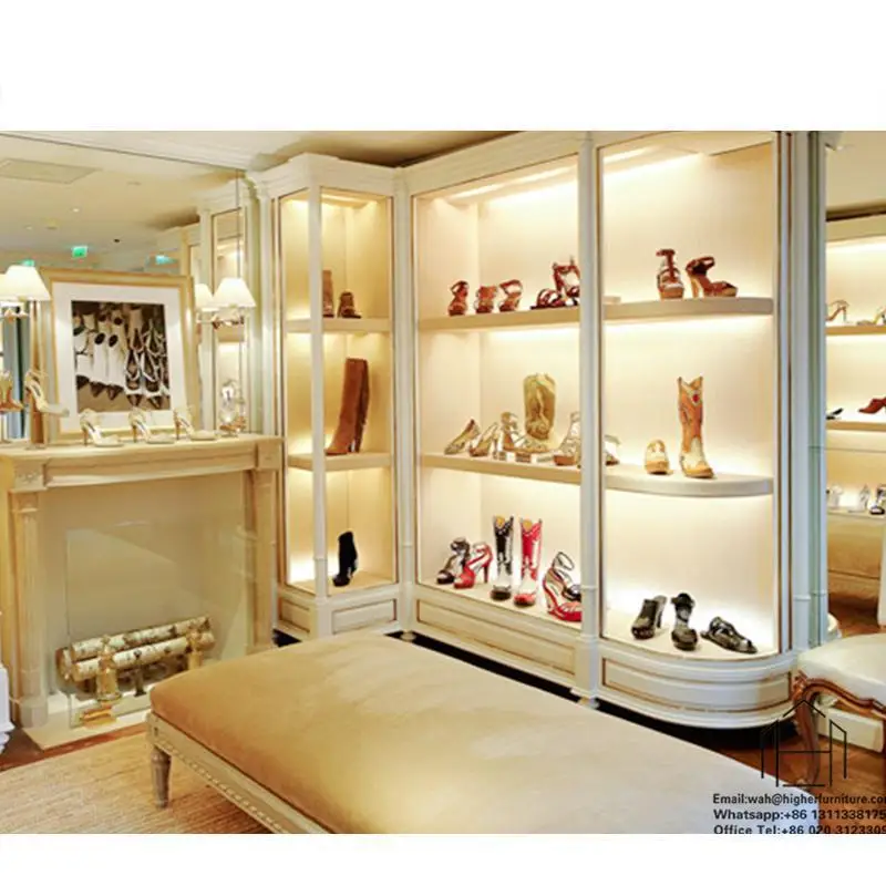 Customized High boots shoes showroom design wooden shoe display rack shoes shop layout