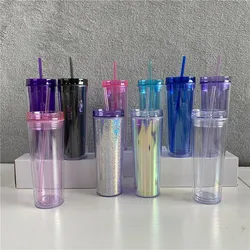 wholesale 16oz Clear Insulated Straight Tumblers Reusable Double Wall Skinny Plastic Cups Mug Water Bottles With Straw and Lids