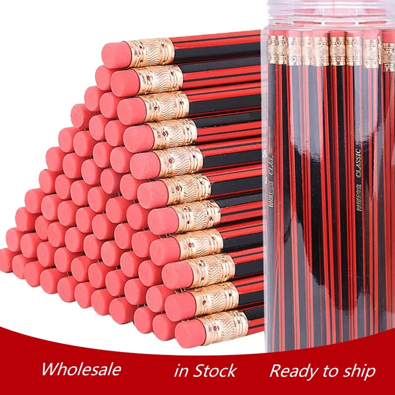Wholesale HB  Hexagonal  triangle round Black Red Classic Wood Pencil Student Pencil with Eraser BOX