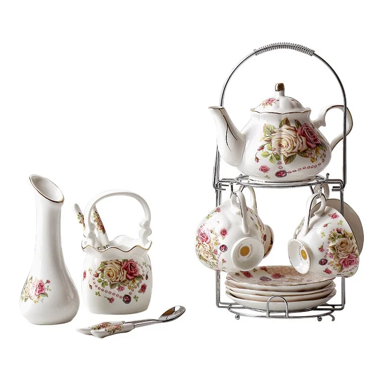 Funky Fairy Gold Trim European Send Vase Pink Flower Ceramic Coffee Tea Sets Cup Saucer Pot Gift Set With Sugar Bowl Shelf