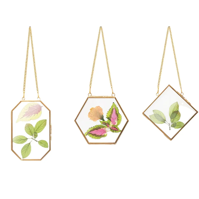Glass crafts for DIY Pressed Flowers Art Brass Hanging Photo Picture Frame with Chain