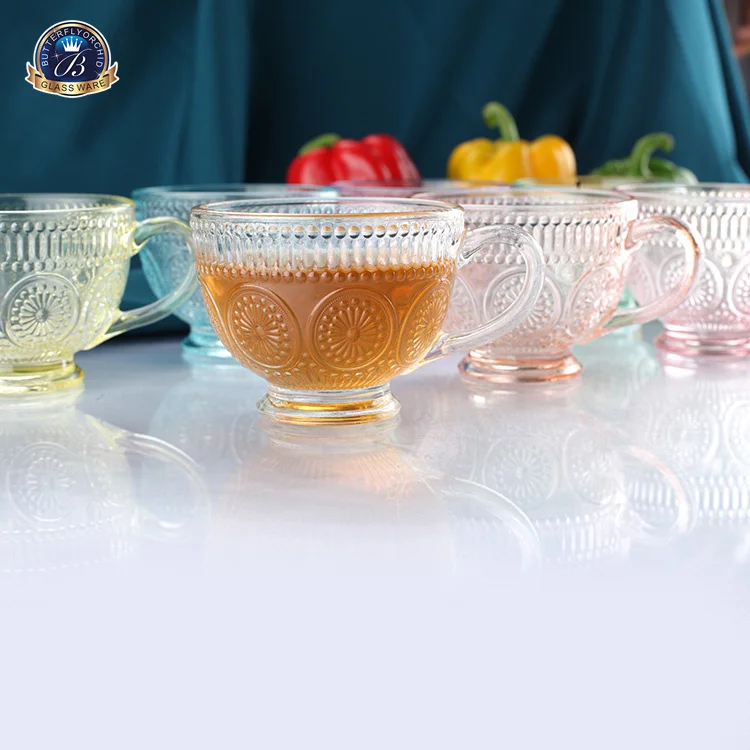 Large Capacity Breakfast Milk Cup Embossed Sunflower Pattern Glass Water Cup