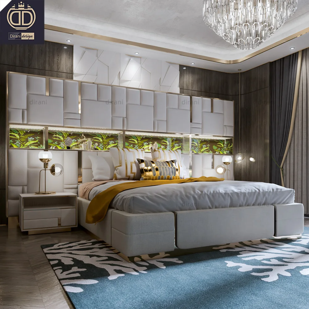 high modern luxury master bedroom furniture huge bed with led light unique storage rack leather very big headboard bed set