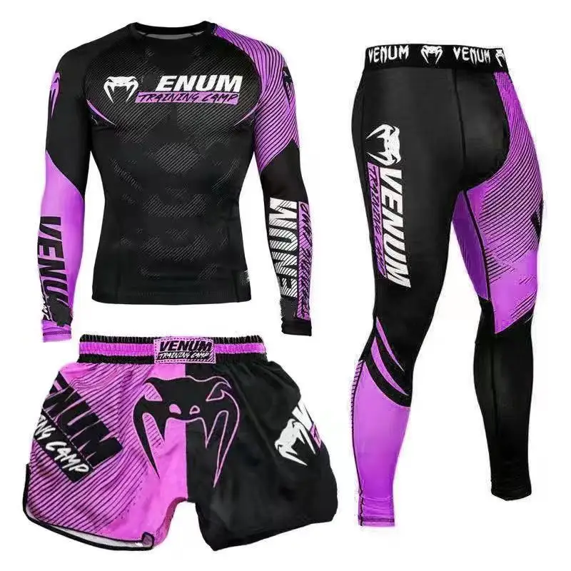 Sportswear MMA Rashguard T-shirt+Shorts 3pcs/set Muay Thai Suit Bjj Kickboxing Men Gym Competition Sport Training Combat Wear