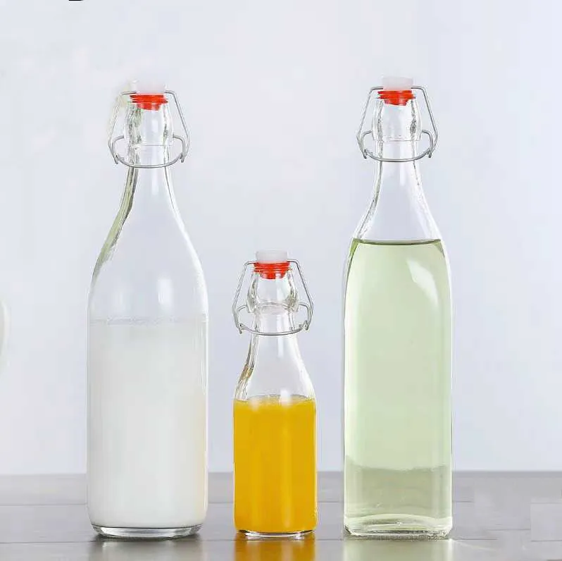 
Milk Juice Beverage Wine Water Square Round Glass Bottle 1 Liter 1000ml Plastic Stopper Soda-lime Glass Custom Color LC03027-1 