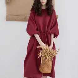 Hot Sale Korean Japan Fashion Cotton Linen Summer Women Dress Casual Puff Sleeve Vestido 2022 Cotton Dress Wholesale