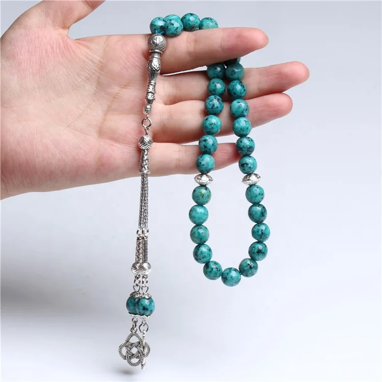 Natural Blue Stone Silver Tassel Allah Tasbeeh Muslim Prayer Beads Sibha Masbaha Rosary