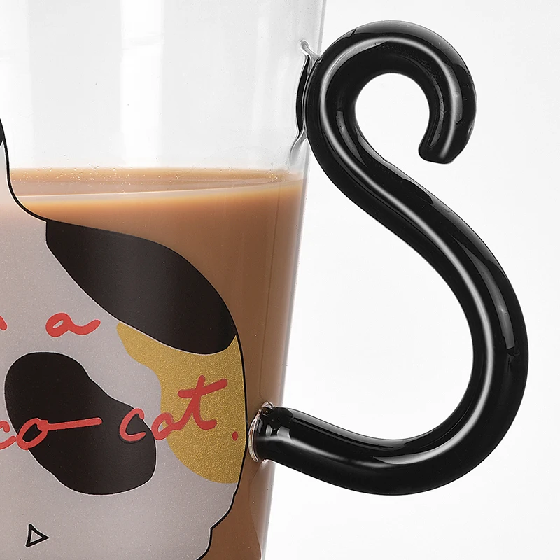 Cute 250ml Glass Mug with Cat Tail Handle Nihonn Japanese Style Cartoon Cat Design for Home Gift Accessory for Kids Students