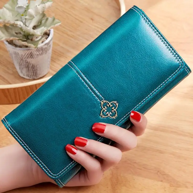 2024 High quality ladies long purse wallet with phone vintage wax oil leather women wallets