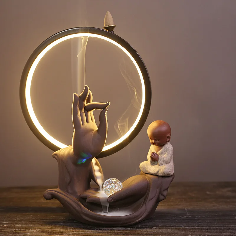 Ywbeyond Ceramic Buddha Bergamot Backflow Incense Burner with LED Lamp Circle Sandalwood Holder Home Indoor Aroma Ornaments