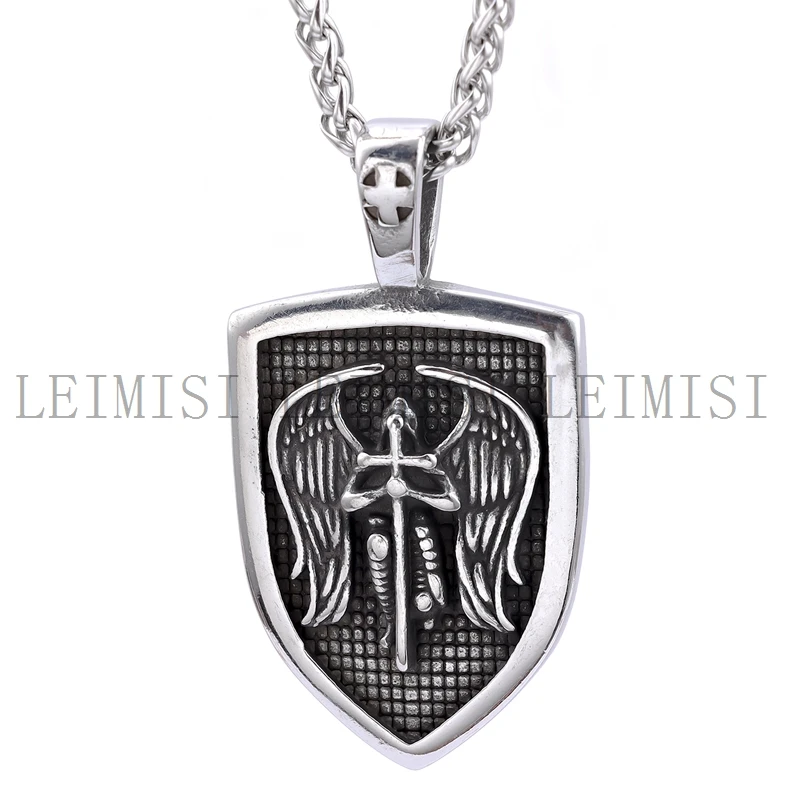 Mens Stainless Steel Religious Vintage Non Tarnish jewelry Stainless Steel Angel of Shield Wing Cross Pendant Necklace