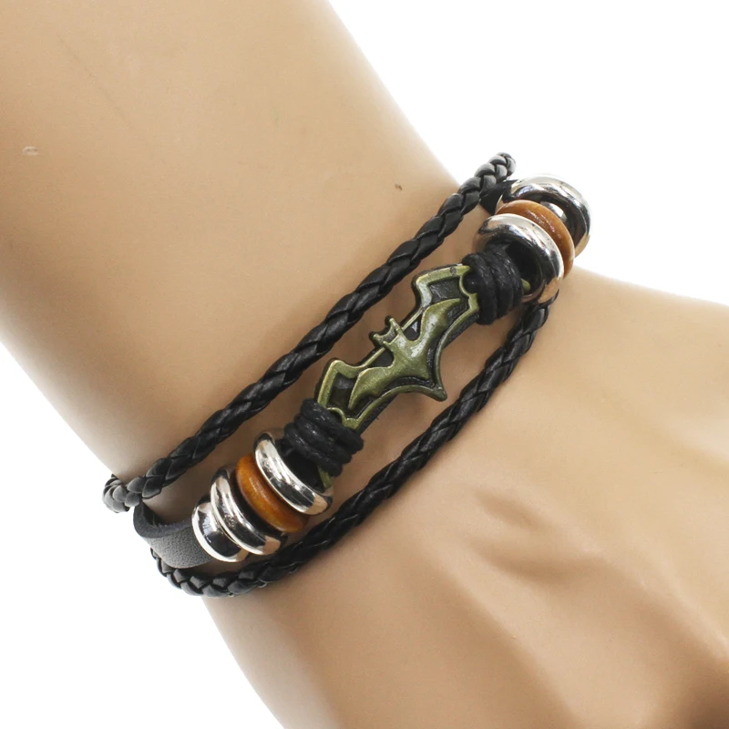 Leather Alloy Vintage Punk Rock Strap Wristband  Bat  Multilayer Knitting bracelet AYB020