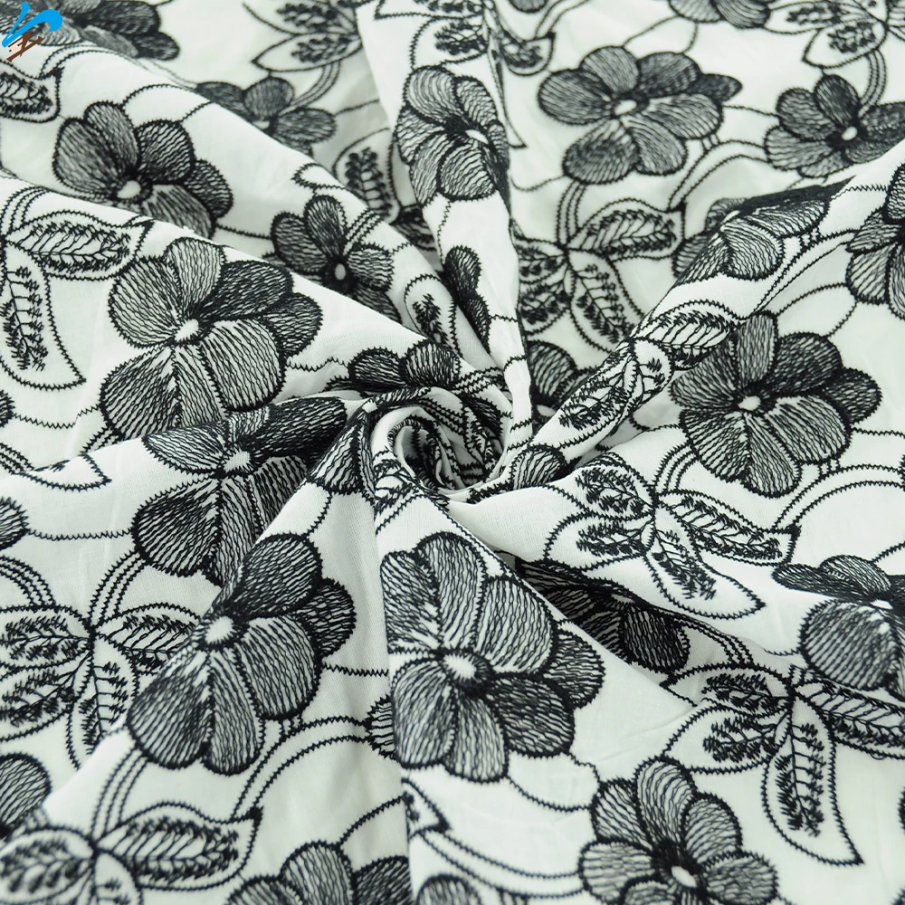 Customization Wholesale Elegant Black Flower Cotton Soft Embroidery Lace Trim Fabric Featured Embroidery Fabrics for Clothing