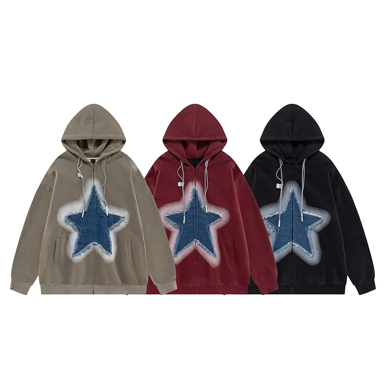 China manufacturers Custom 470gsm heavy weight thick fabric cut and sew LOGO full zip vintage embroidery patch men zip up hoodie