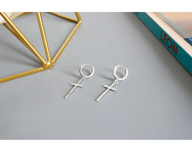 S925 Sterling Silver Fashion Minimalist Temperament Glossy Round Cross Long Earrings