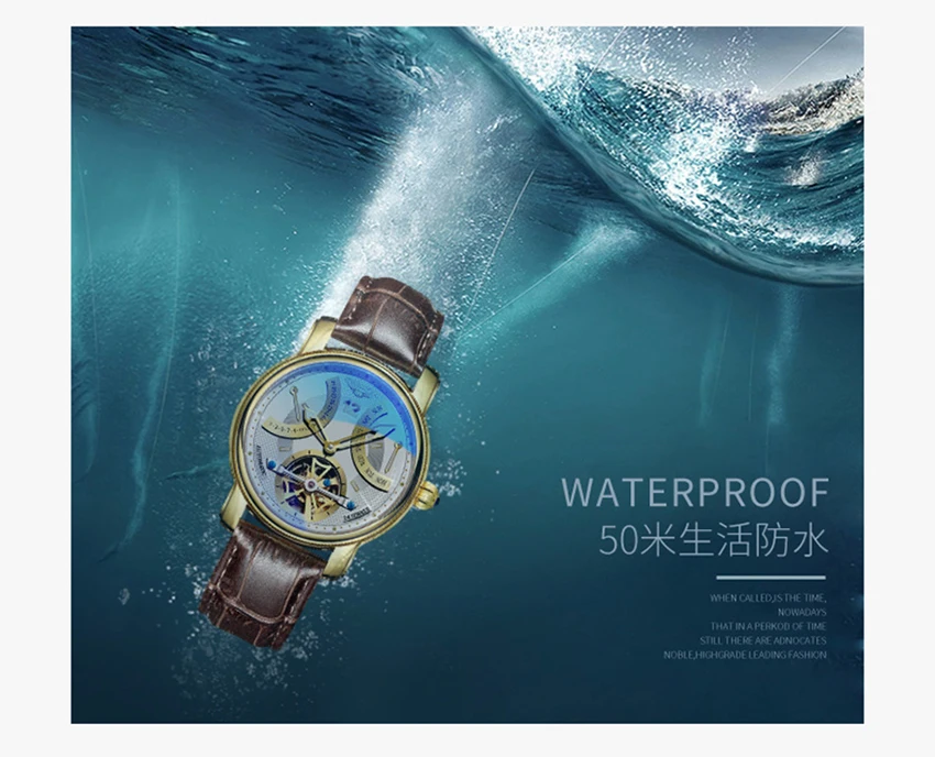 Luxury wrist stainless steel case back leather waterproof digital tourbillon mechanical mens automatic watch