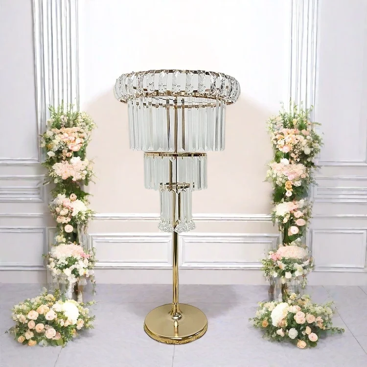Large Crystal Tall Gold Metal Flower Stand Light Acrylic Centerpieces Wedding Decoration for Events Party Supplies