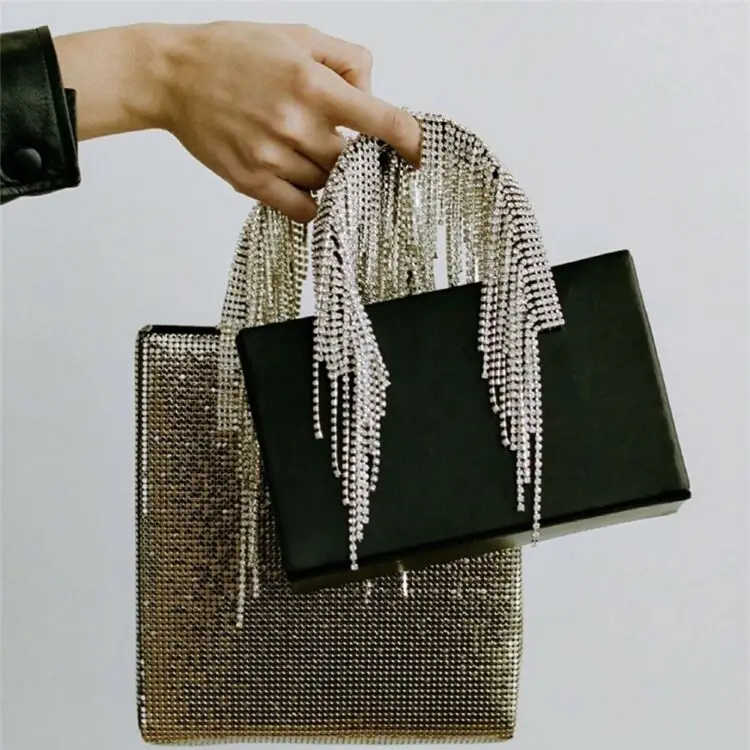 Small clutch shoulder purse with sparkle square leather bags diamond silver beaded fringe bag genuine leather handbag for woman