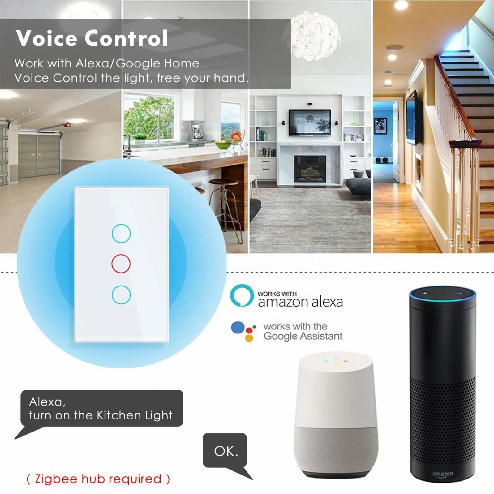 1/2/3/4 gang Zigbee Smart Home Electric Switch Zigbee Touch Switch Google Alexa Voice Control Glass Touch Switch