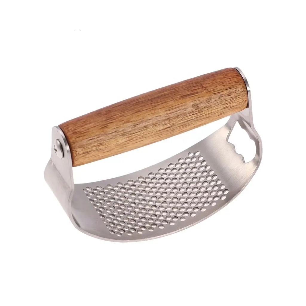430 stainless steel manual ring garlic puree press manual Acacia wood handle multi-function garlic and ginger press