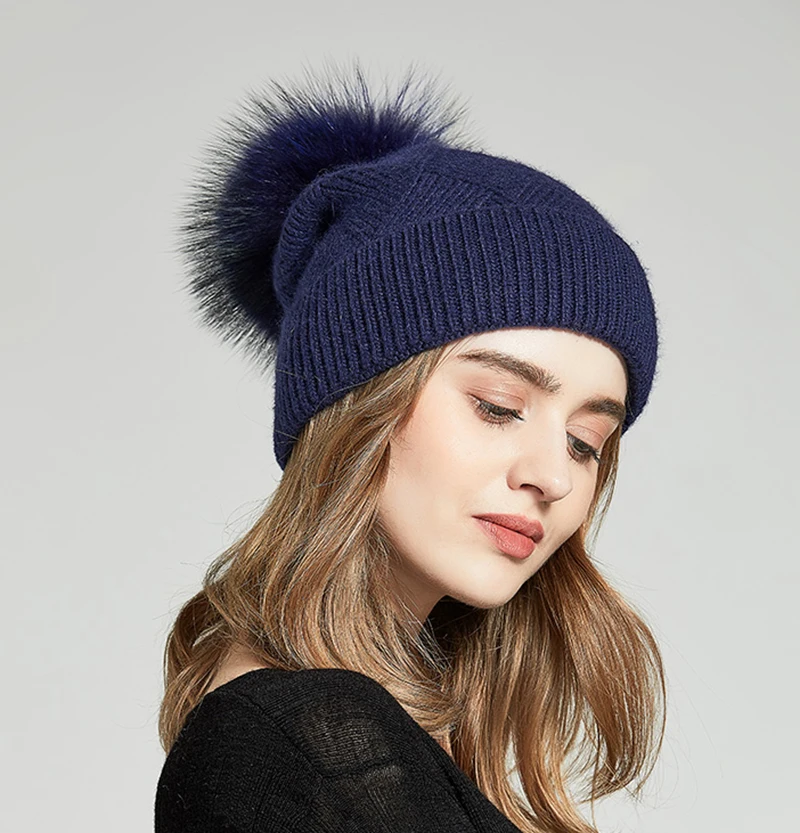 hot sell cute woman cashmere wool cable knit winter warm beanie hat with fox ball