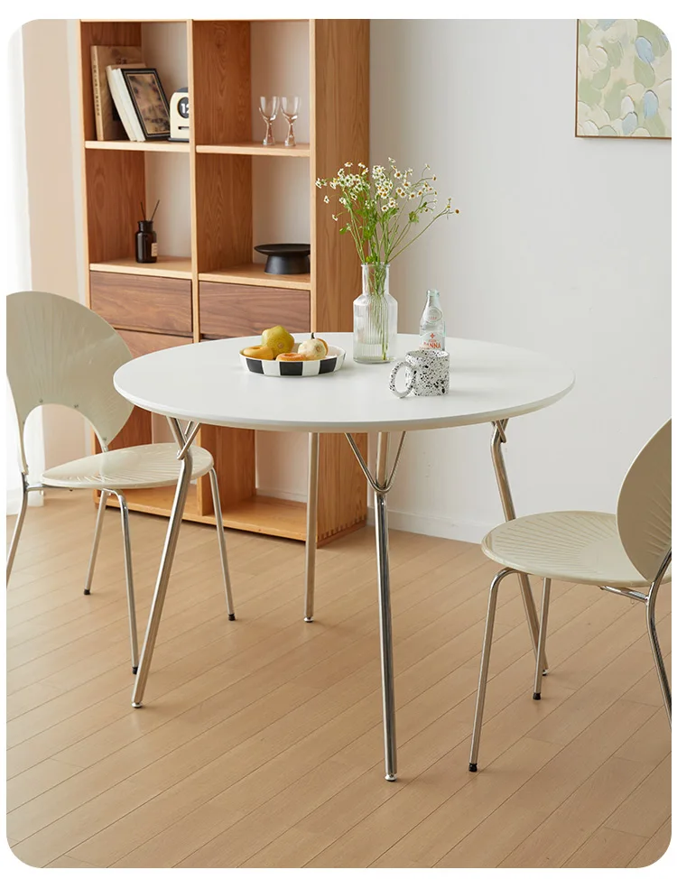 Modern round White Dining Table Set with Stainless Steel Legs KD MDF HPL for Home Use Study or Living Room