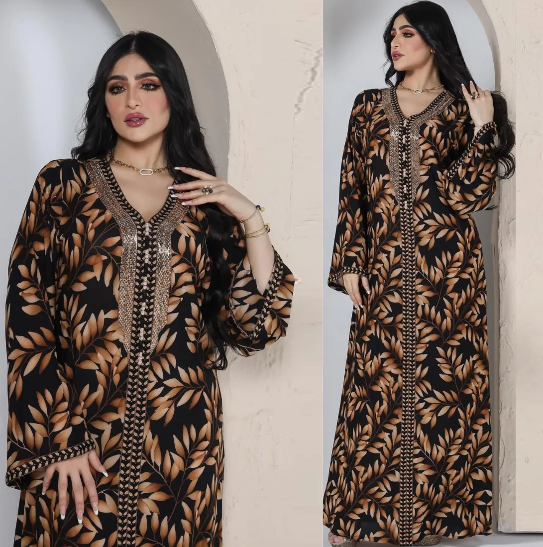 Середина Востока Арабская одежда Рамадан Ид Оман Дубай Катар черные с принтом женские бриллианты роскошная мусульманская Абая