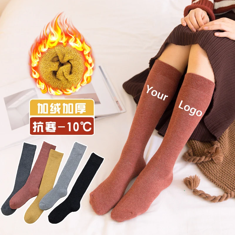 Woman long thick sock plain custom logo embroidery print blank white school socks label women winter knee thigh high sock girls