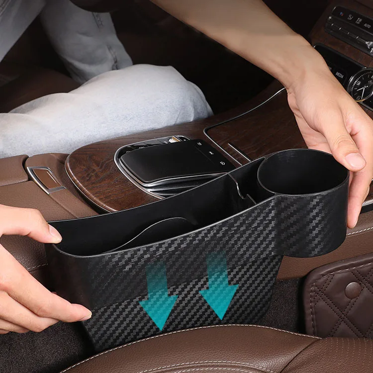 Universal size carbon fiber car seat gap filler organizer with large cup holder