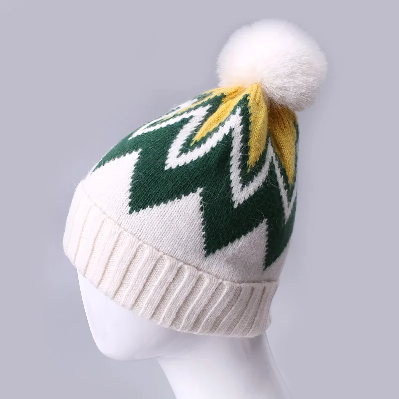 Winter Women Mixed Color Cuff Beanie Faux Fur Pompon Cute Knitted Stripe Patterned Wool Ski Cap Warm Custom Beanie Hat