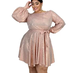 Hot Selling Lantern Sleeves Plus Size Casual Dress Pink Bling Elegant Party Dress Fashion Midi Skirt