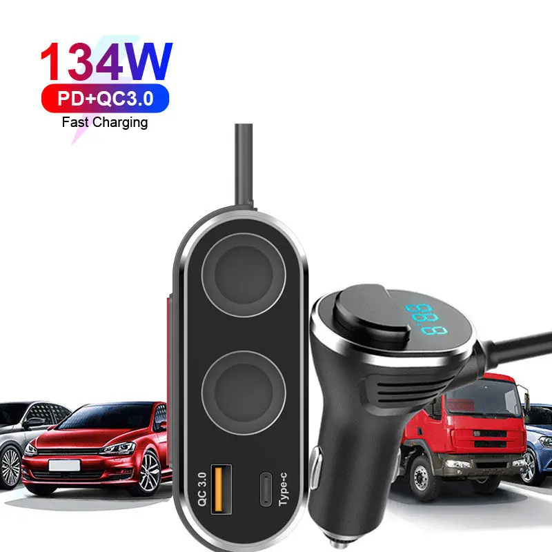 12V/24V 2-Socket 80W DC Power Car Cigarette Lighter Socket Panel Splitter with QC 3.0 Fast Charge