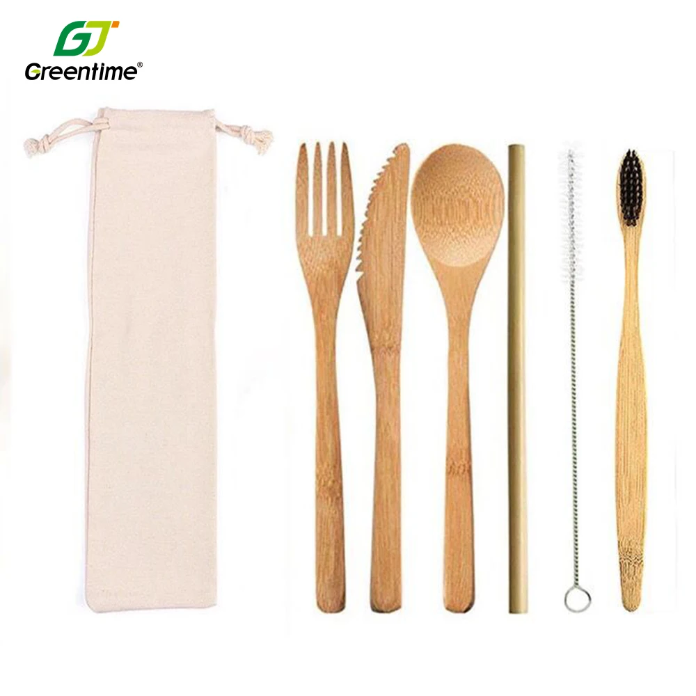 Customized Logo Wood Spoon Fork Knife Straw Biodegradable Bamboo Disposable Cutlery Set With Packs For Party Travel Utensils