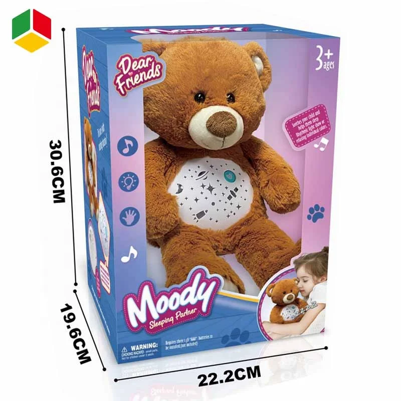 QS OEM Soft Stuffed Toys Animal Bear Electric Projection Baby Sleeping Plush Dolls With Music Lights