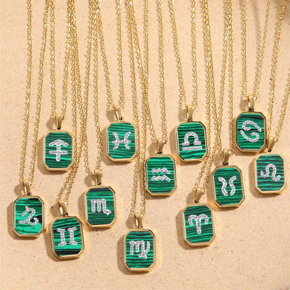 New Style Green Malachite Zircon Stone Necklace 18k Gold Plated Women Square Horoscope Zodiac Necklace