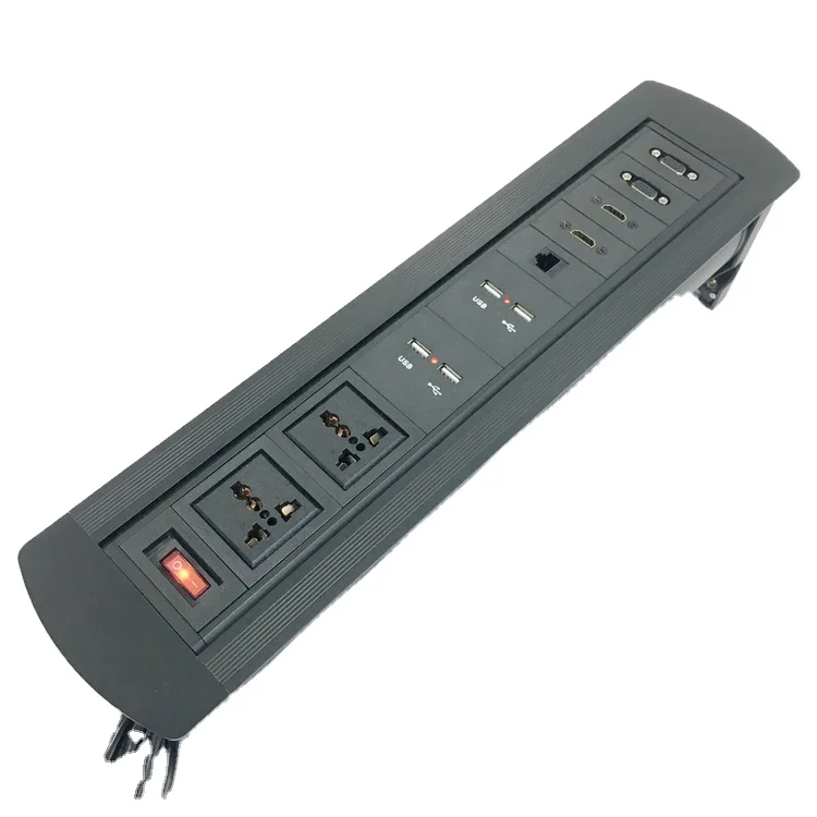 Manual Recessed Connectivity Box Outlet for Conference Room Table with 2AC Receptacle,1 RJ45,2 USB, 2 VGA