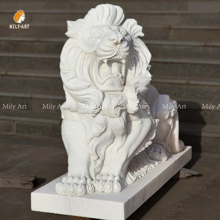 Hand Carved Outdoor Life Size Marble Stone Roaring Lion Statue Sculpture for Sale