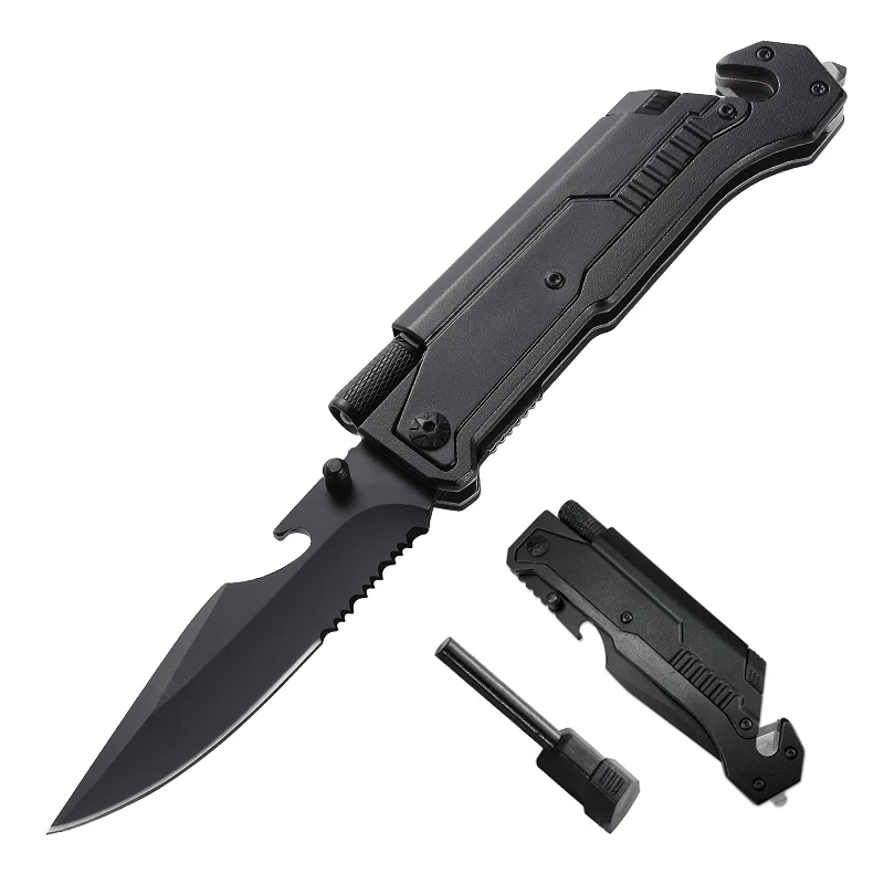 7 in 1 Outdoor camping multifunction folding knife 3cr13 blade Aluminum handle with fire starter led light outdoor survival EDC
