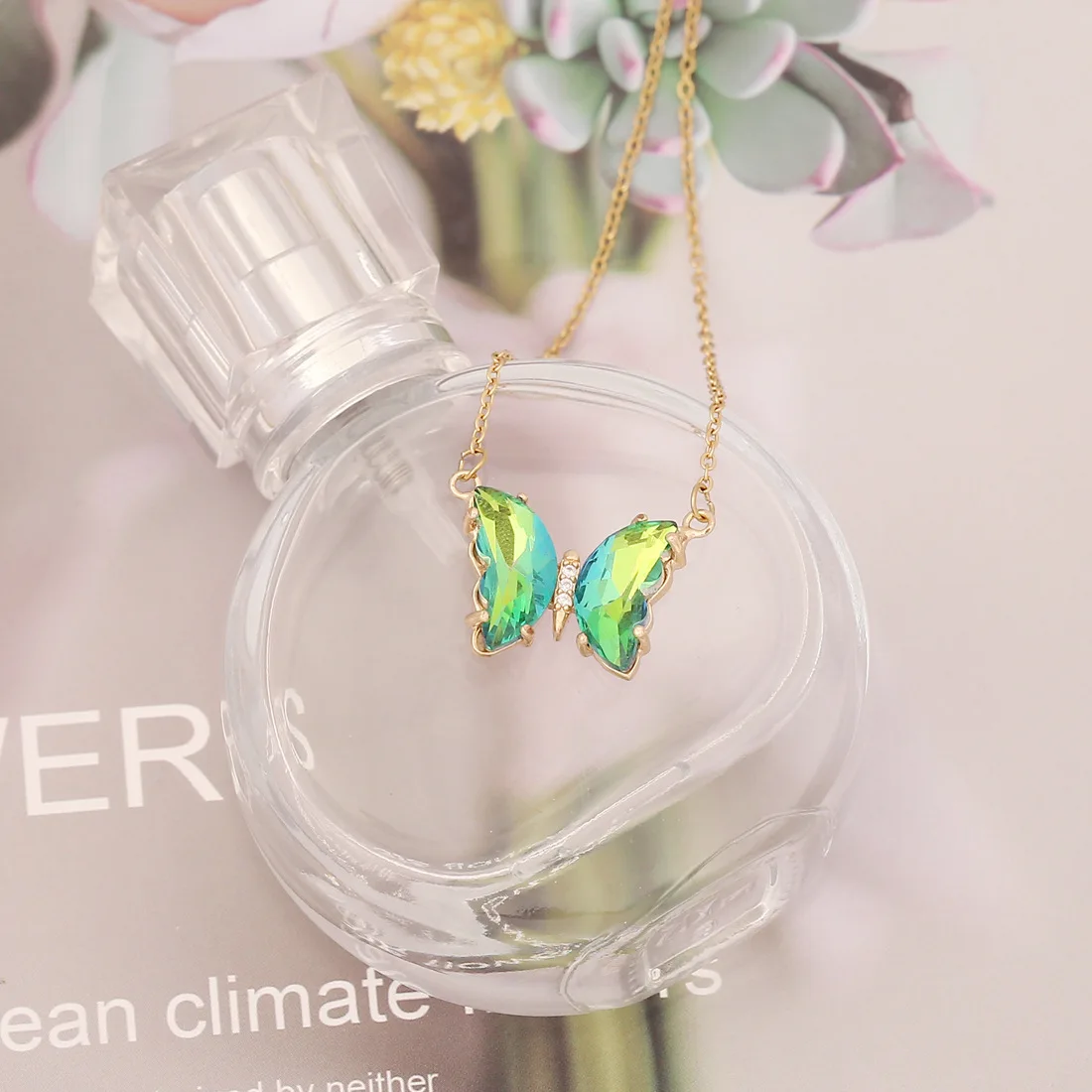 cross-border jewelry multi-color gradient butterfly necklace fashion temperament clavicle chain zircon stainless steel necklace
