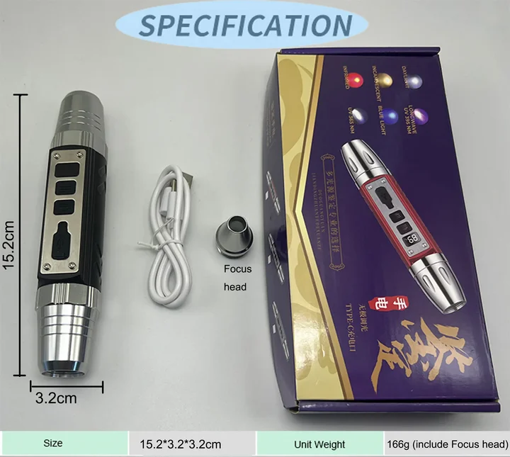 USB C White Yellow Blue Red UV 6 Light Flashlight For Gem Amber Jade Identification 365nm 395nm LED Torch 6 IN 1 LCD Display