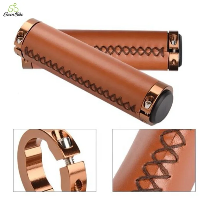 Vintage Cowhide Grip Cover Lockable Bike Handlebar Grips  Non-slip PU Leather Riding Accessories Bicycle Grips